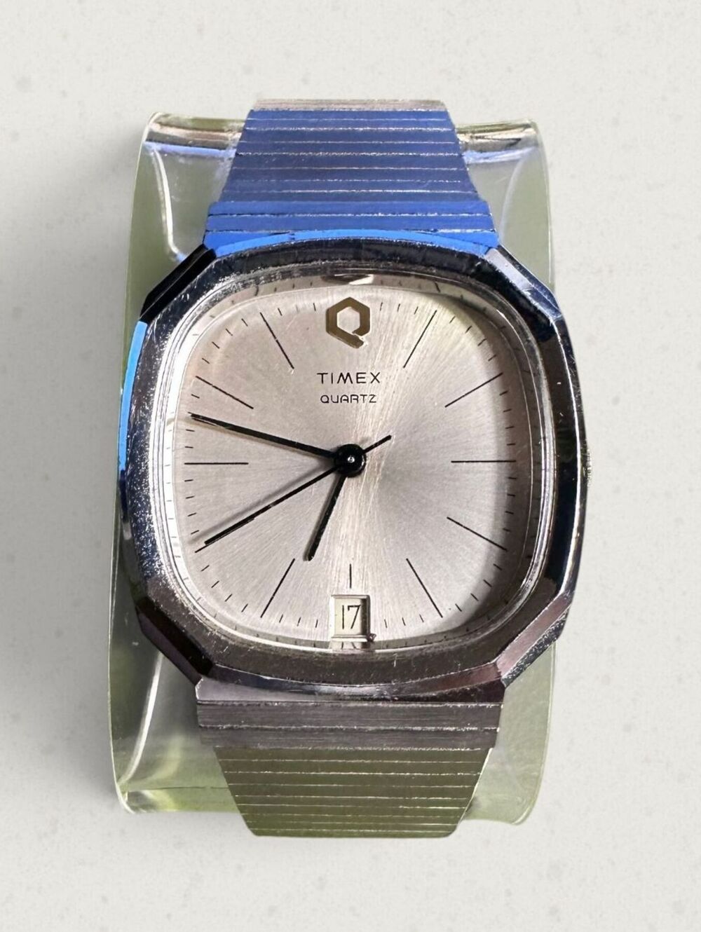 Vintage Timex Q Date M Cell Square Face Quartz Silver Watch New Battery